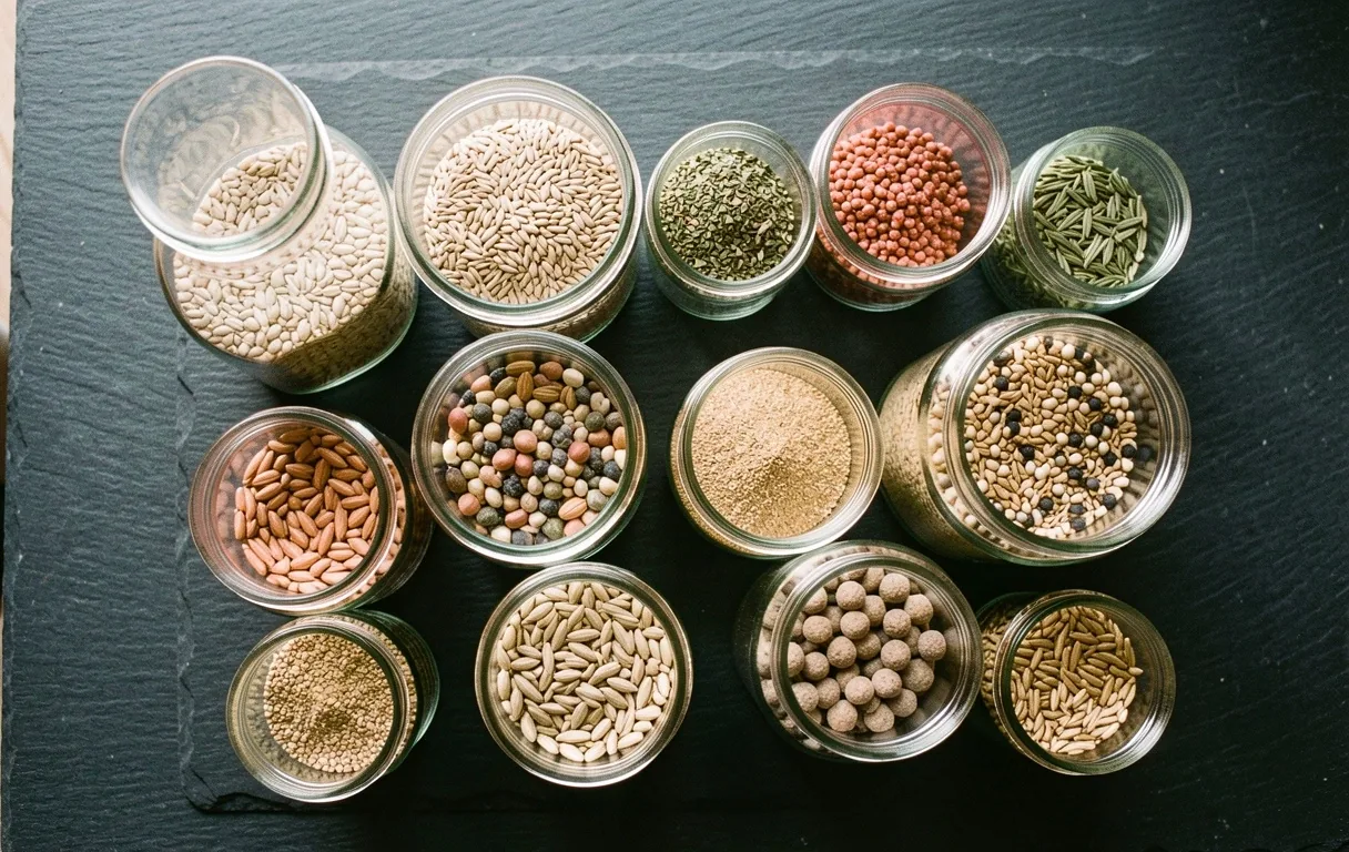 Grains and seeds representing raw dietary elements